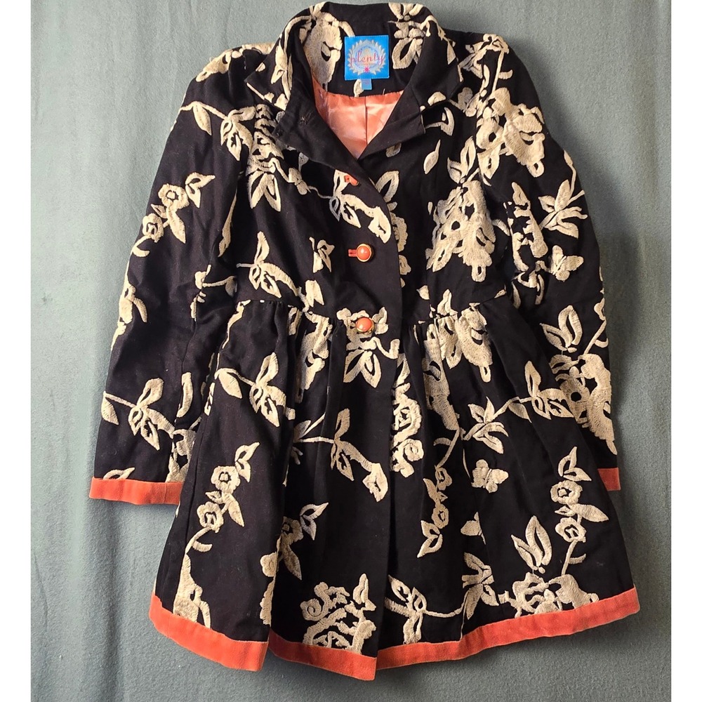 Plenty by Tracy‎ Reese Black Floral Embroidered Fit & Flare Coat Coral Trim 2